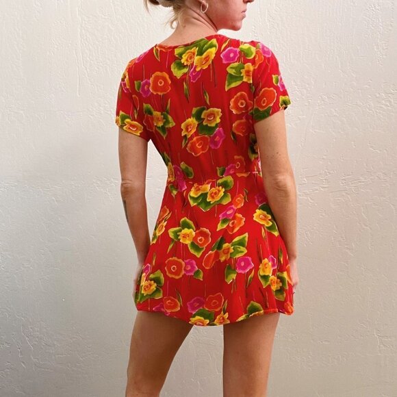 Vintage 1980/90's Red Floral Printed Button Up Playsuit Romper Dress - Picture 6 of 9